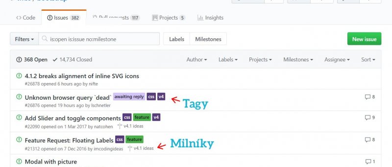 Github Issues - milníky a tagy