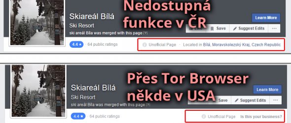 Stránka v ČR vs v USA přes Tor Browser