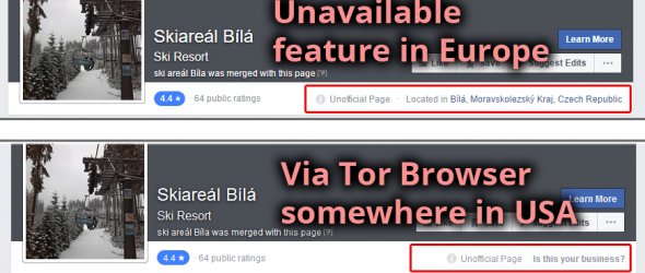 Stránka v ČR vs v USA přes Tor Browser