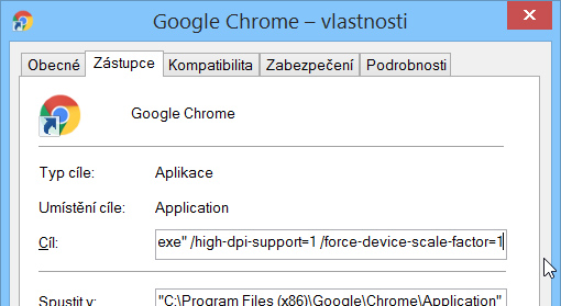 Vlastnosti zástupce Chrome